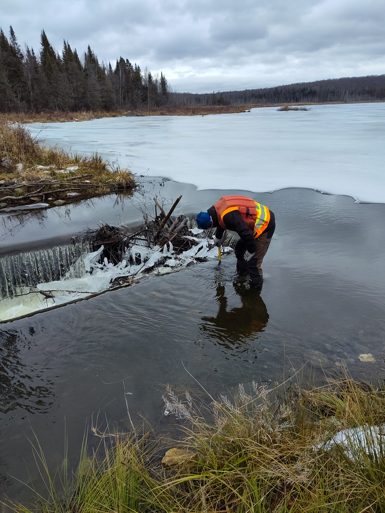 Homme inspectant un ruisseau gelé.